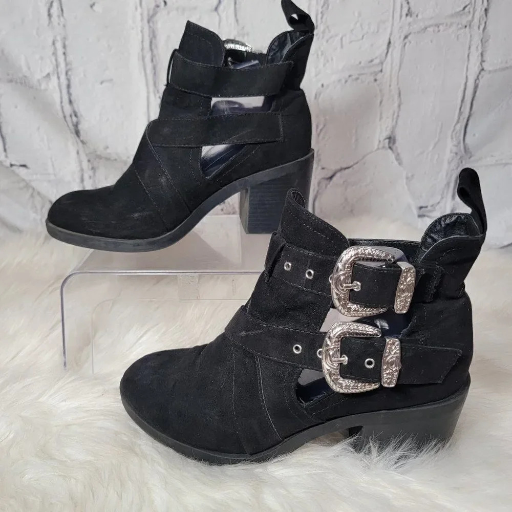 TOPSHOP Womens 7 Trendy Black Western Buckle Ankle Boot Chunky Heelā Festival